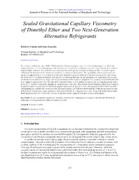 Sealed Gravitational Capillary Viscometry of Dimethyl Ether and Two Next-Generation Alternative Refrigerants