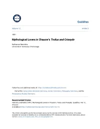 Mythological Lovers in Chaucer's &lt;I&gt;Troilus and Criseyde&lt;/I&gt;