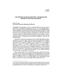 The Vertigo of Secularization1: the Innovative Notion of Political Authority