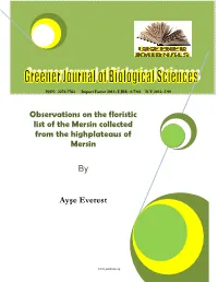 Observations on the Floristic List of the Mersin Collected from the Highplateaus of Mersin