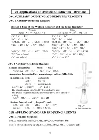 20 Applications of Oxidation/Reduction Titrations 20A AUXILIARY OXIDIZING and REDUCING REAGENTS 20A-1 Auxiliary Reducing Reagents