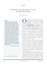 Solid Organ Transplantation Overview and Selection Criteria