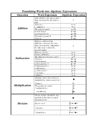 Translating Words Into Algebraic Expressions Addition Subtraction Multiplication Division