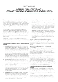 Unfair Prejudice Petitions- Lessons to Be Learnt and Recent Development