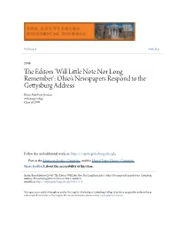 Ohio's Newspapers Respond to the Gettysburg Address Brian Matthew Orj Dan Gettysburg College Class of 2009