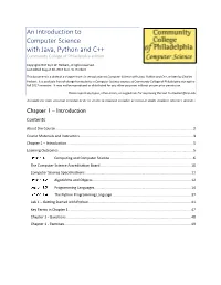 An Introduction to Computer Science with Java, Python and C++ Community College of Philadelphia Edition
