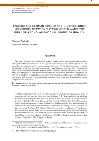 English and German Studies at the Jagiellonian University Between the Two World Wars: the Ideal of a Scholar and Challenges of Reality