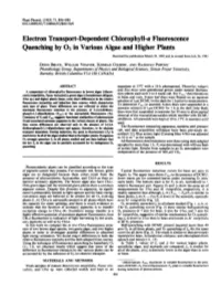 Quenching by 02 in Various Algae and Higher Plants Received for Publication March 29, 1983 and in Revised Form July 26, 1983