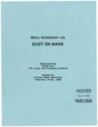 MECA Workshop on Dust on Mars. Program, Abstracts