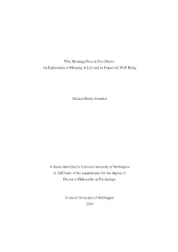 Why Meaning Does in Fact Matter: an Exploration of Meaning in Life and Its Impact on Well-Being Melissa Emily Grouden a Thesis S