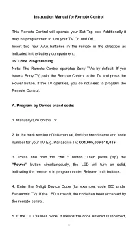 Instruction Manual for Remote Control TV Code Programming A