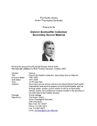 Dietrich Bonhoeffer Collection Secondary Source Material