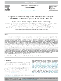 Response of Dissolved Oxygen and Related Marine Ecological Parameters to a Tropical Cyclone in the South China Sea
