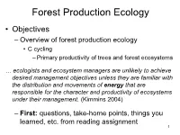 Forest Production Ecology • Objectives – Overview of Forest Production Ecology • C Cycling – Primary Productivity of Trees and Forest Ecosystems