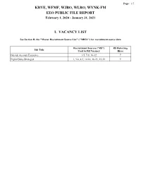 Krve, Wfmf, Wjbo, Wlro, Wynk-Fm Eeo Public File Report I. Vacancy List