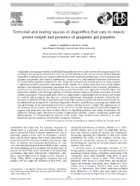 Territorial and Mating Success of Dragonflies That Vary in Muscle Power Output and Presence of Gregarine Gut Parasites