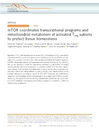 Mtor Coordinates Transcriptional Programs and Mitochondrial Metabolism of Activated Treg Subsets to Protect Tissue Homeostasis