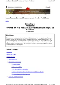 Issue Paper PAKISTAN UPDATE on the MOHAJIR QAUMI MOVEMENT (MQM) in KARACHI June 1997