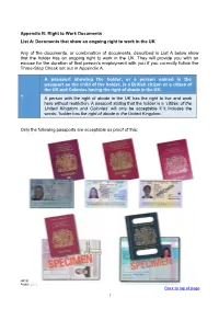 Appendix B: Right to Work Documents List A: Documents That Show an Ongoing Right to Work in the UK