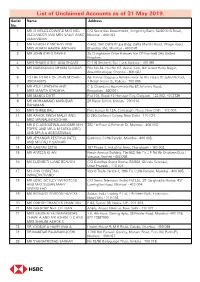 List of Unclaimed Accounts As of 31 May 2019. Serial Name Address No