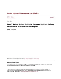 Israel's Nuclear Strategy Ambiguity: Disclosure Doctrine - an Open Memorandum to Prime Minister Netanyahu