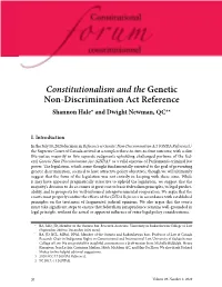 Constitutionalism and the Genetic Non-Discrimination Act Reference Shannon Hale* and Dwight Newman, QC**