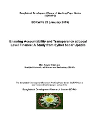 Ensuring Accountability and Transparency at Local Level Finance: a Study from Sylhet Sadar Upazila