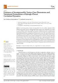 Existence of Incompressible Vortex-Class Phenomena and Variational Formulation of Raleigh–Plesset Cavitation Dynamics