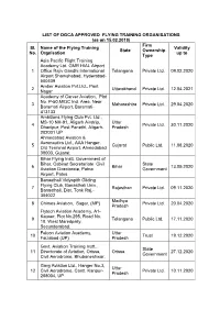 LIST of DGCA APPROVED FLYING TRAINING ORGANISATIONS (As on 15.02.2018) Sl. No. Name of the Flying Training Orgnisation State F