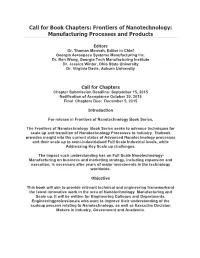 Call for Book Chapters: Frontiers of Nanotechnology: Manufacturing Processes and Products