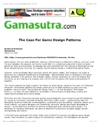The Case for Game Design Patterns