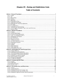 Chapter 25 – Zoning and Subdivision Code Table of Contents