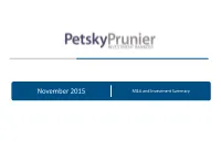 November 2015 M&A and Investment Summary Table of Contents