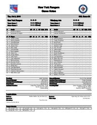 New York Rangers Game Notes