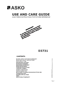 Asko Use and Care Guide Save These Instructions for Future Reference