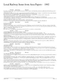 Local Railway Items from Area Papers - 1992