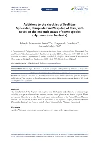 Additions to the Checklist of Scoliidae, Sphecidae, Pompilidae and Vespidae of Peru, with Notes on the Endemic Status of Some Species (Hymenoptera, Aculeata)