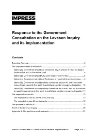 Response to the Government Consultation on the Leveson Inquiry and Its Implementation
