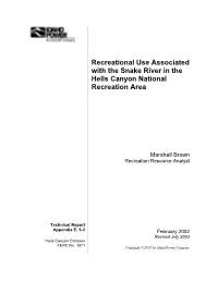 Recreational Use Associated with the Snake River in the Hells Canyon