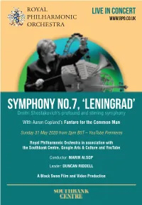 RPO 31 May 2020 Shostakovich Live Stream.Indd