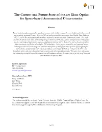 The Current and Future State-Of-The-Art Glass Optics for Space-Based Astronomical Observatories