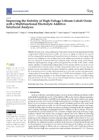 Improving the Stability of High-Voltage Lithium Cobalt Oxide with a Multifunctional Electrolyte Additive: Interfacial Analyses
