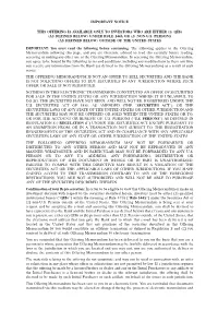 Offering Memorandum Dated October 26, 2012