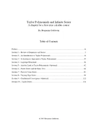 Taylor Polynomials and Infinite Series a Chapter for a First-Year Calculus Course