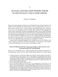 Wanaks and Related Power Terms in Mycenaean and Later Greek