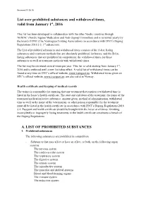 List Over Prohibited Substances and Withdrawal Times, Valid from January 1St, 2016 A. LIST of PROHIBITED SUBSTANCES