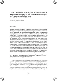 Local Discourse, Identity and the Search for a Filipino Philosophy: a Re-Exploration Through the Lens of Reynaldo Ileto