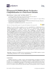 Transparent PC/PMMA Blends Via Reactive Compatibilization in a Twin-Screw Extruder