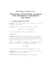 Functions of Bounded Variation and Absolutely Continuous Functions