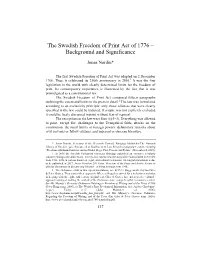 The Swedish Freedom of Print Act of 1776 – Background and Significance